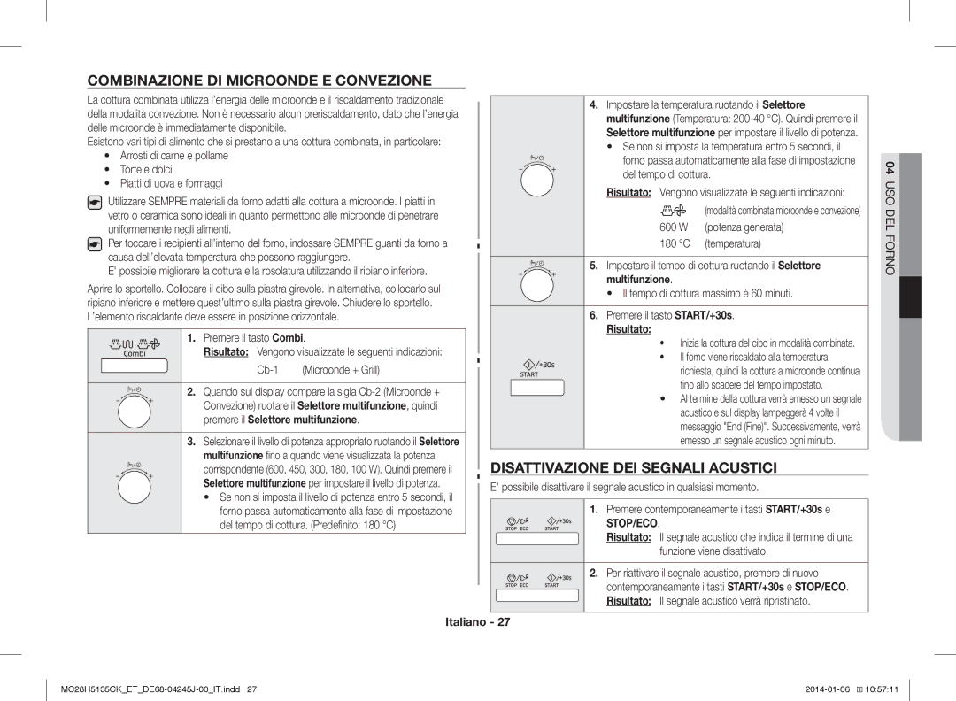 Samsung MC28H5135CW/ET Combinazione DI Microonde E Convezione, Disattivazione DEI Segnali Acustici, Premere il tasto Combi 