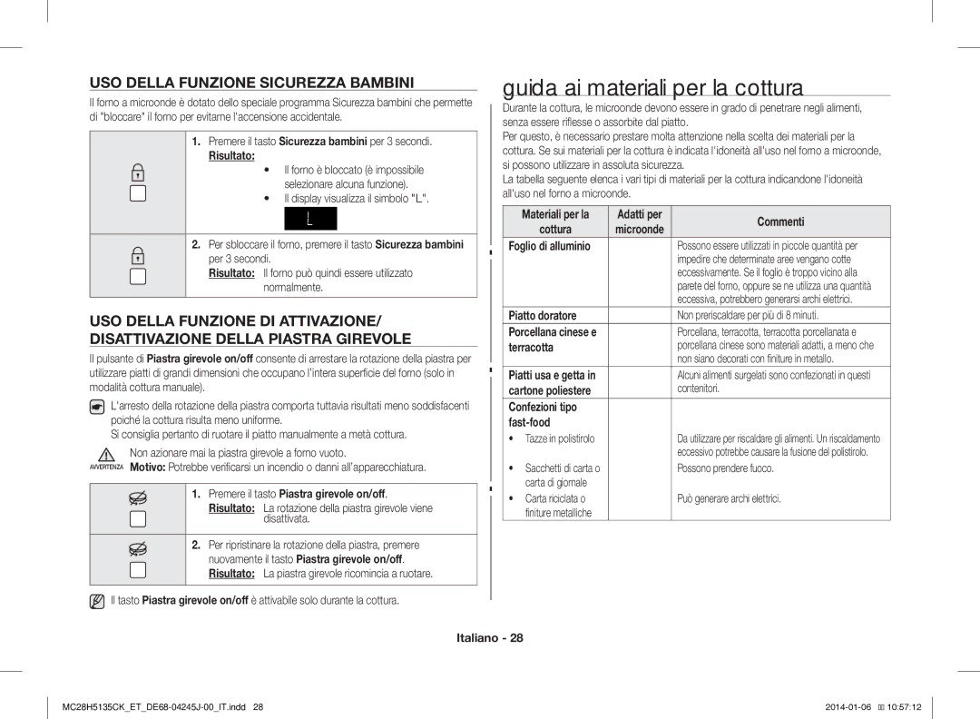 Samsung MC28H5135CK/ET, MC28H5135CW/ET manual Guida ai materiali per la cottura, USO Della Funzione Sicurezza Bambini 