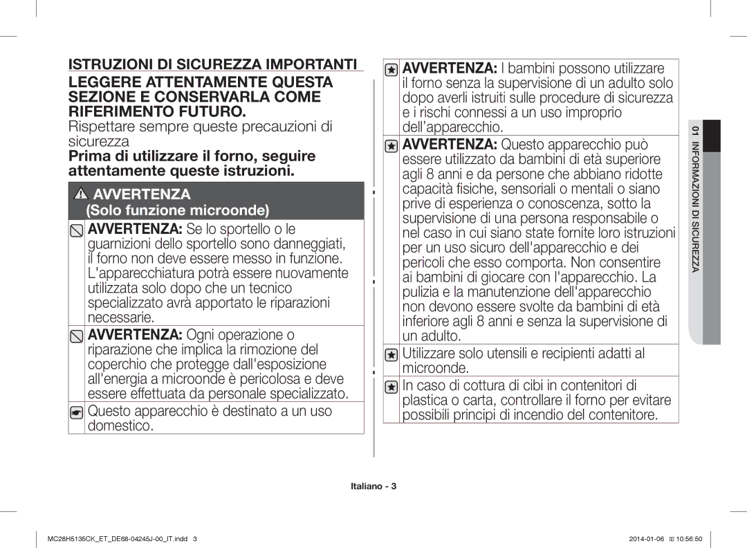 Samsung MC28H5135CW/ET, MC28H5135CK/ET manual Rispettare sempre queste precauzioni di sicurezza 