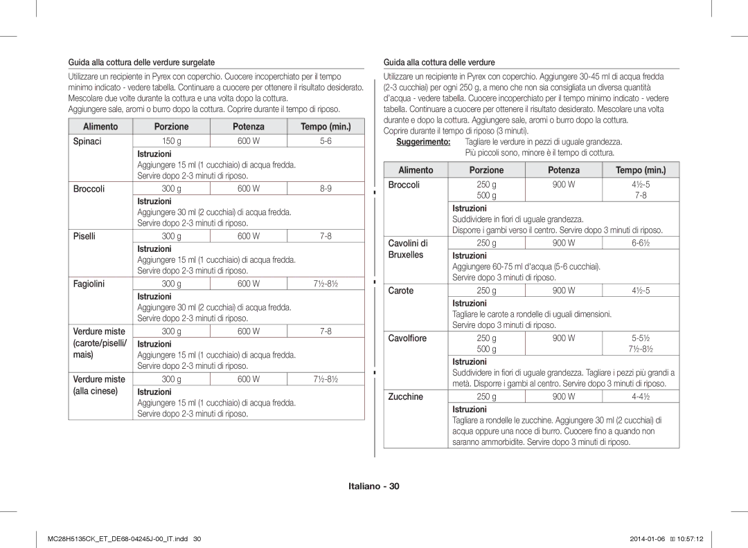 Samsung MC28H5135CK/ET, MC28H5135CW/ET manual Alimento Porzione Potenza Tempo min 