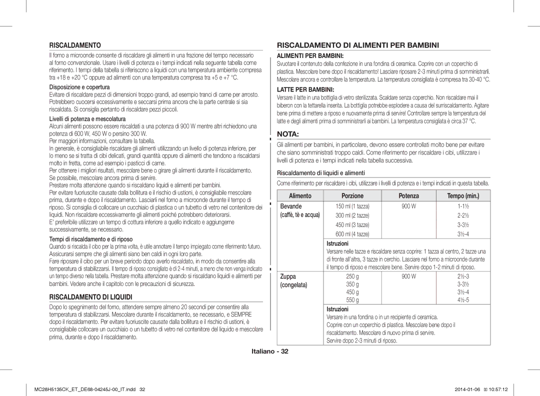 Samsung MC28H5135CK/ET, MC28H5135CW/ET manual Riscaldamento DI Liquidi, Riscaldamento DI Alimenti PER Bambini, Nota 