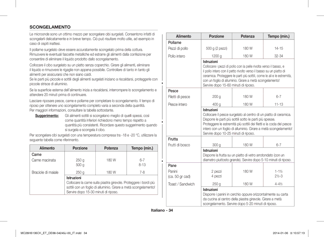 Samsung MC28H5135CK/ET, MC28H5135CW/ET manual Scongelamento 