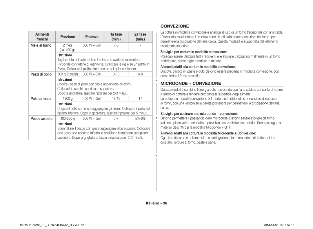 Samsung MC28H5135CK/ET manual Microonde + Convezione, Mele al forno, Collocarli in cerchio sul ripiano superiore 