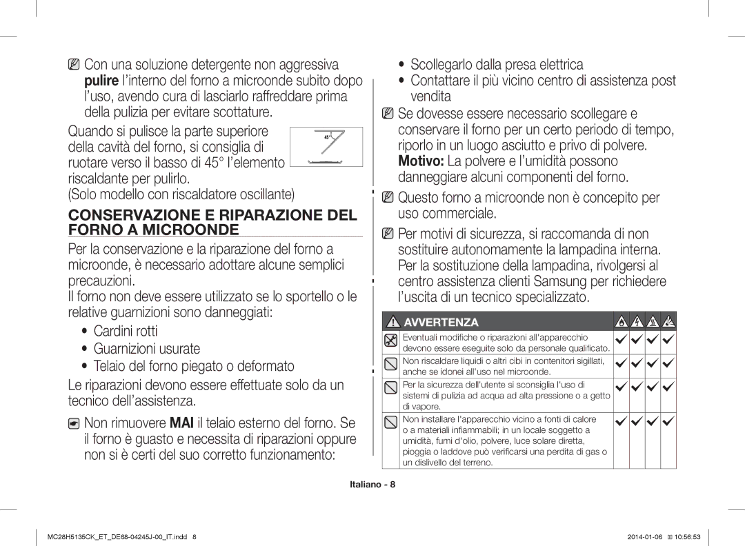 Samsung MC28H5135CK/ET, MC28H5135CW/ET manual Conservazione E Riparazione DEL Forno a Microonde 