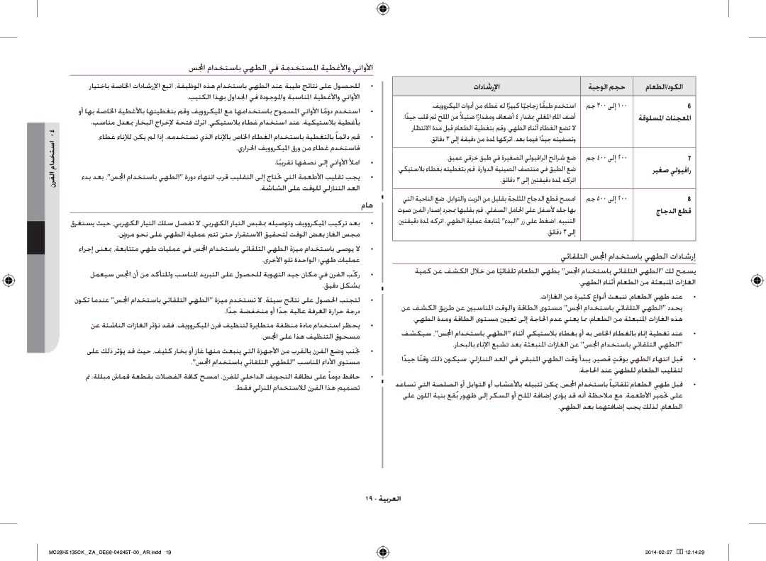 Samsung MC28H5135CK/ZA manual ريغص يلويفار, قئاقد 3 ىلإ ينتقيقد ةدلم هكرتا, جاجدلا عطق, 19 ةيبرعلا 