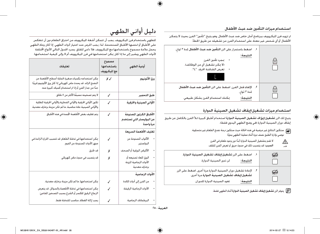 Samsung MC28H5135CK/ZA manual يهطلا يناوأ ليلد, لافطلأا ثبع دض ينمأتلا تازيم مادختسا 