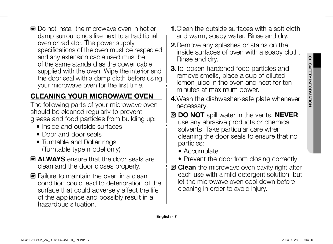 Samsung MC28H5135CK/ZA manual Cleaning Your Microwave Oven 