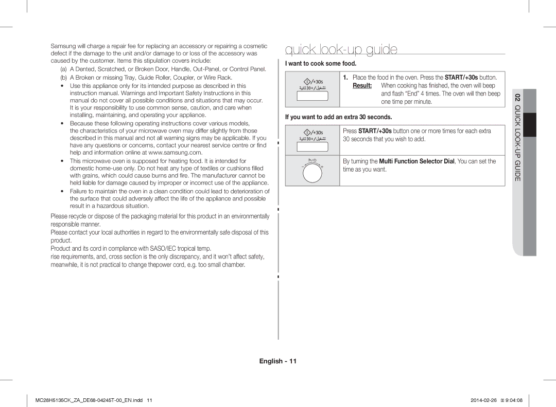 Samsung MC28H5135CK/ZA manual Quick look-up guide, Want to cook some food, If you want to add an extra 30 seconds 