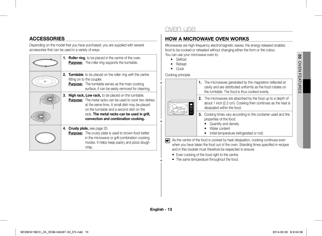 Samsung MC28H5135CK/ZA manual Oven use, Accessories, HOW a Microwave Oven Works, Crusty plate, see 