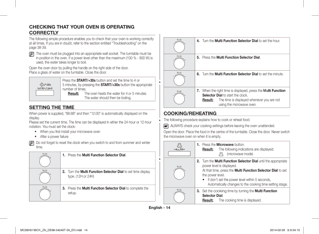 Samsung MC28H5135CK/ZA manual Checking That Your Oven is Operating Correctly, Setting the Time, Cooking/Reheating 