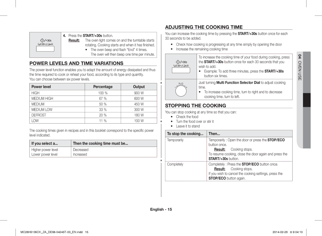 Samsung MC28H5135CK/ZA manual Power Levels and Time Variations, Adjusting the Cooking Time, Stopping the Cooking 