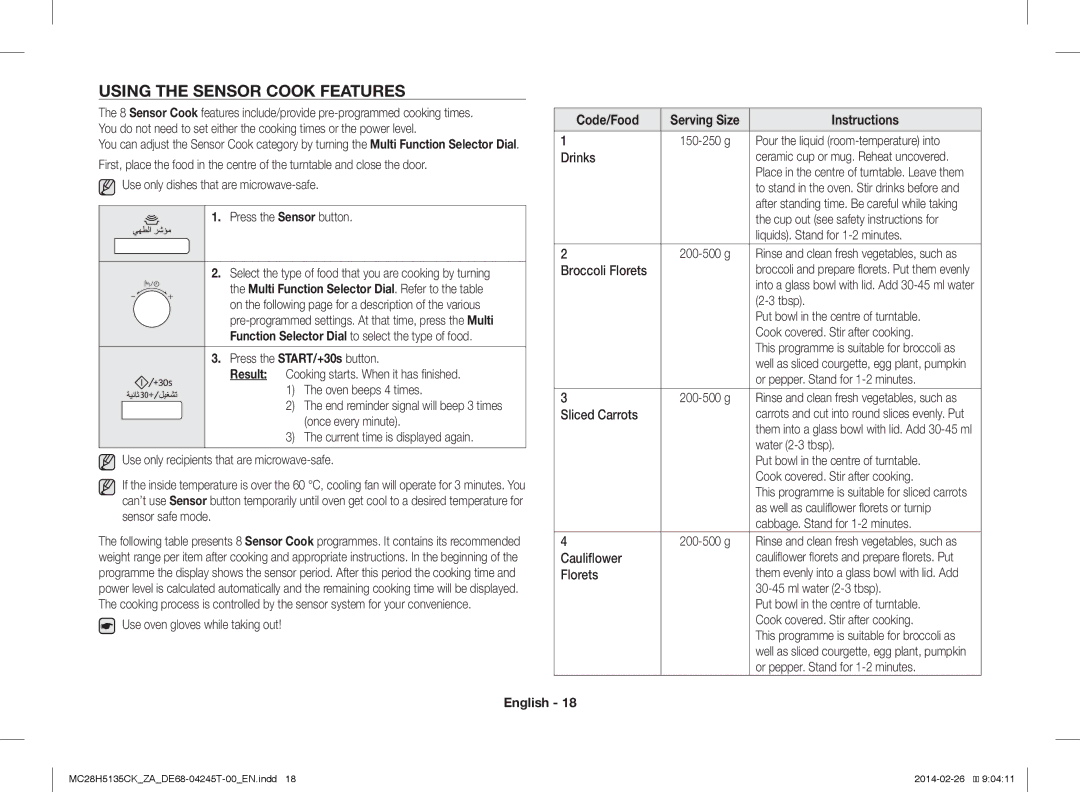 Samsung MC28H5135CK/ZA manual Using the Sensor Cook Features 