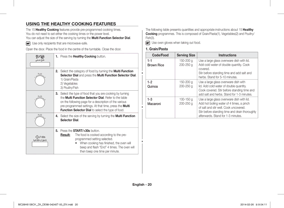 Samsung MC28H5135CK/ZA manual Using the Healthy Cooking Features, Grain/Pasta, Press the Healthy Cooking button 