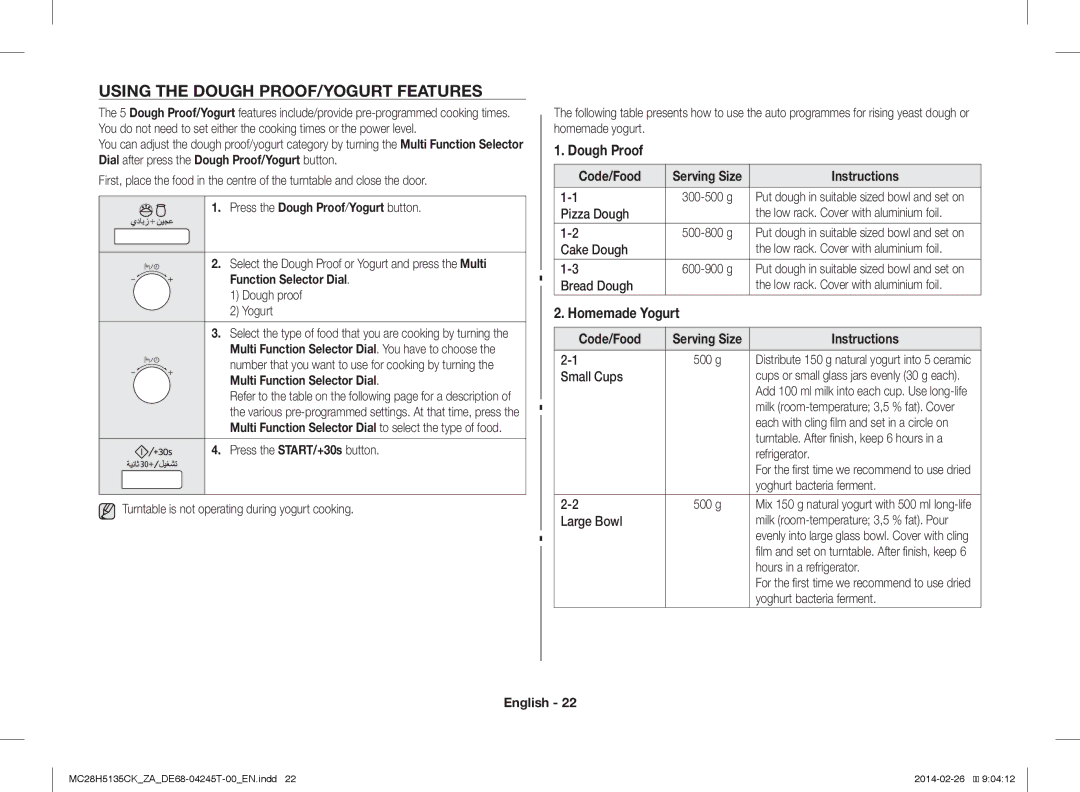 Samsung MC28H5135CK/ZA manual Using the Dough PROOF/YOGURT Features, Dough Proof, Homemade Yogurt 