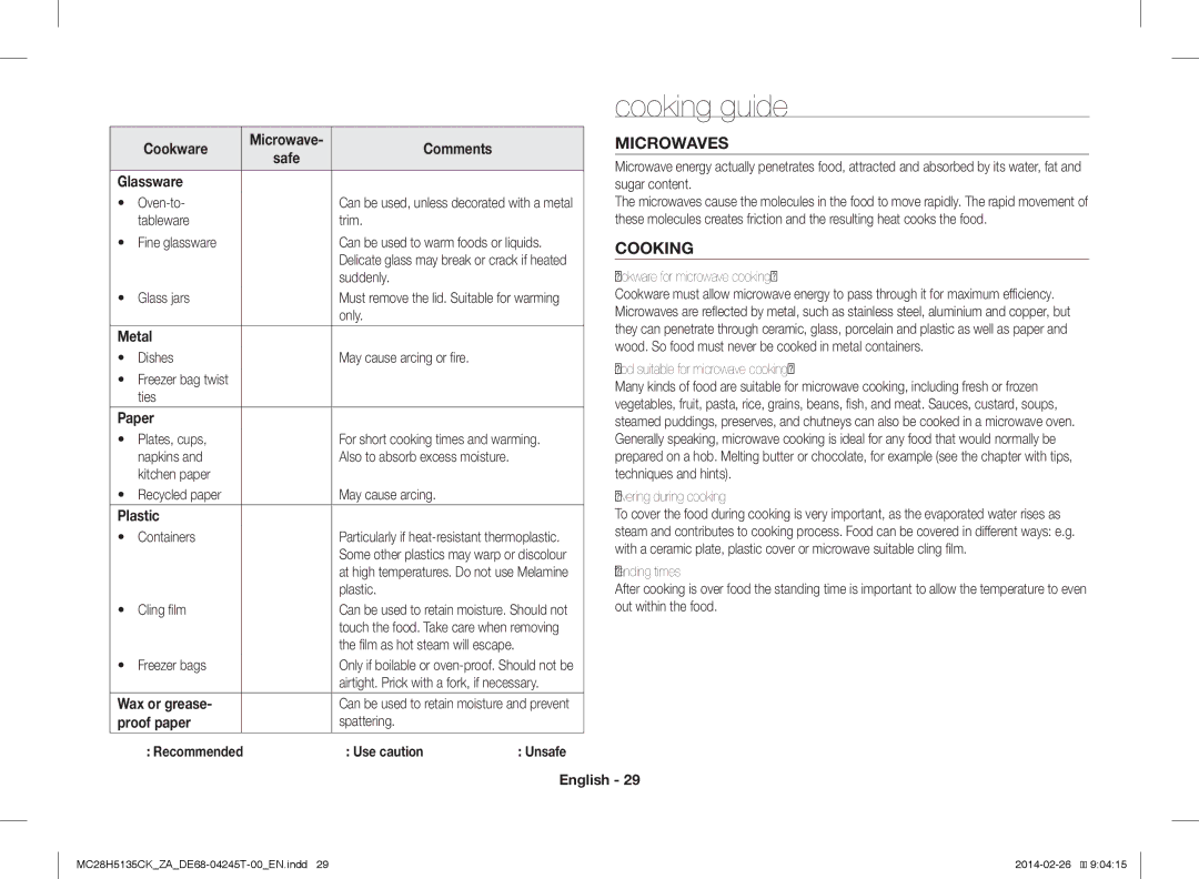 Samsung MC28H5135CK/ZA manual Cooking guide 