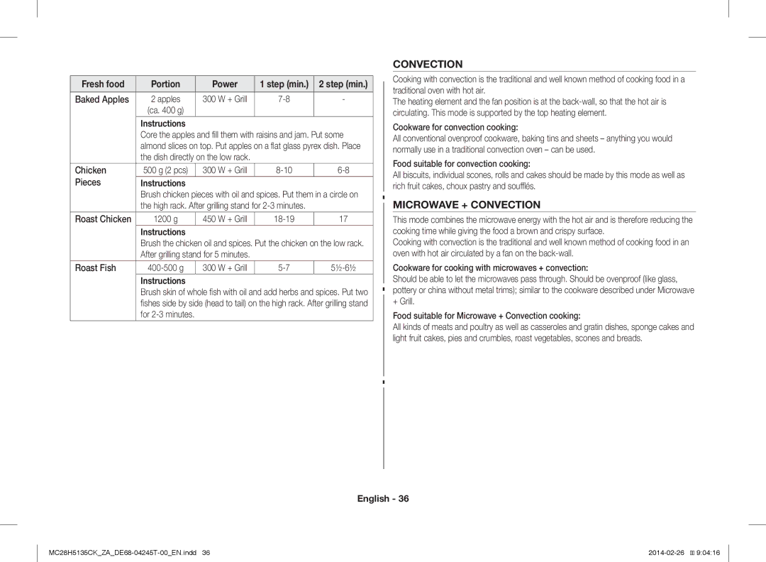 Samsung MC28H5135CK/ZA manual Baked Apples, Pieces, Cookware for convection cooking 