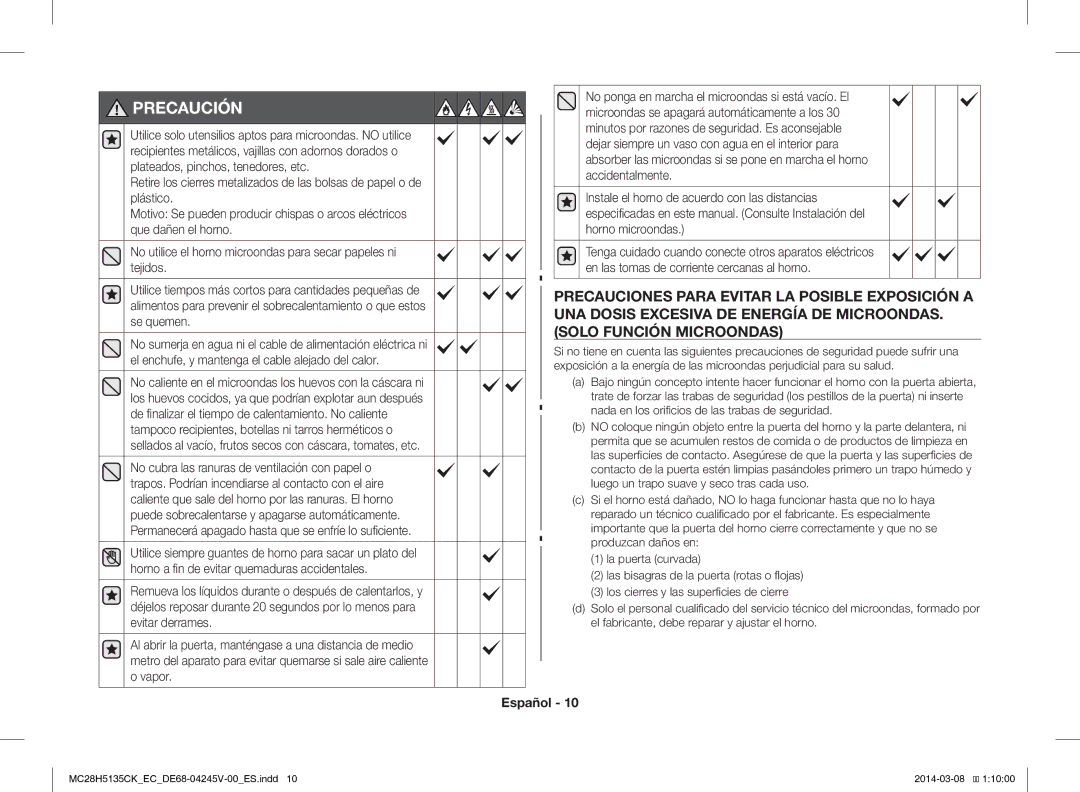 Samsung MC28H5135CW/EC manual Precaución, Nada en los orificios de las trabas de seguridad 