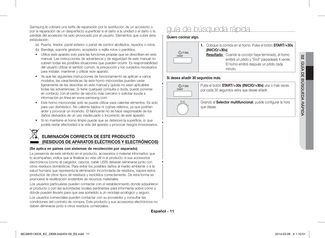 Samsung MC28H5135CW/EC manual Guía de búsqueda rápida, Quiero cocinar algo, INICIO/+30s, Si desea añadir 30 segundos más 