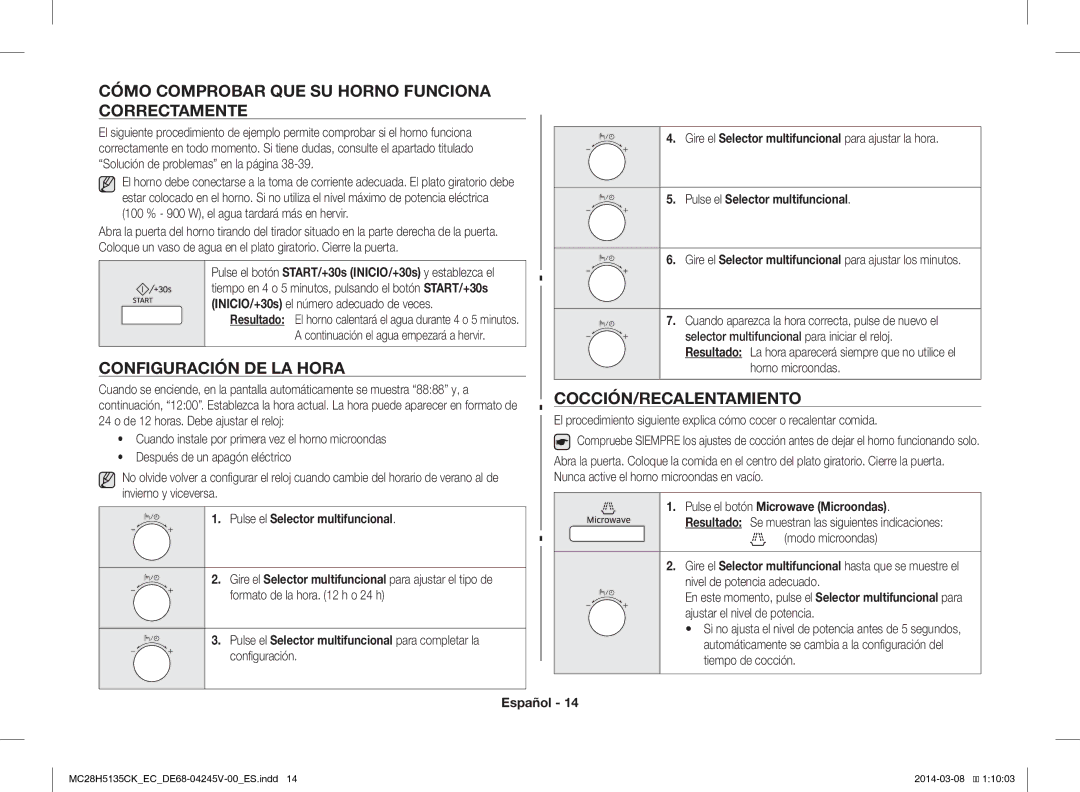 Samsung MC28H5135CW/EC manual Cómo Comprobar QUE SU Horno Funciona Correctamente, Configuración DE LA Hora 