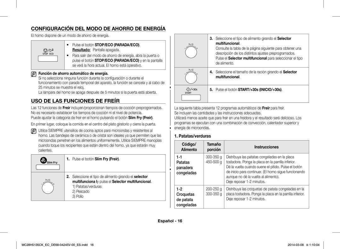 Samsung MC28H5135CW/EC manual Configuración DEL Modo DE Ahorro DE Energía, USO DE LAS Funciones DE Freír, Patatas/verduras 