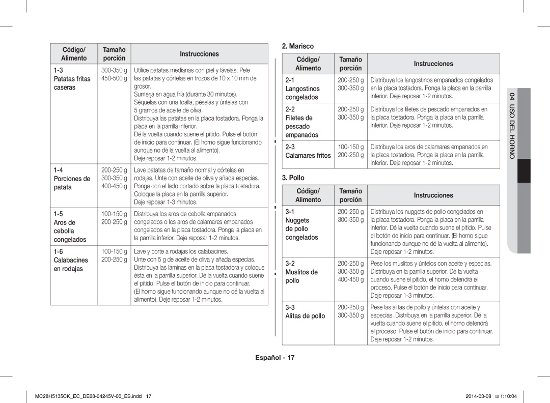 Samsung MC28H5135CW/EC manual Marisco, Pollo 