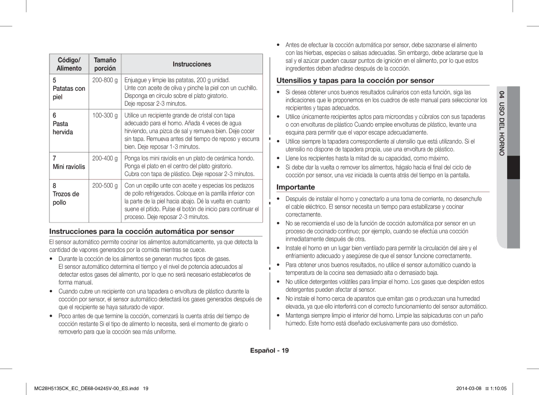 Samsung MC28H5135CW/EC Instrucciones para la cocción automática por sensor, Utensilios y tapas para la cocción por sensor 