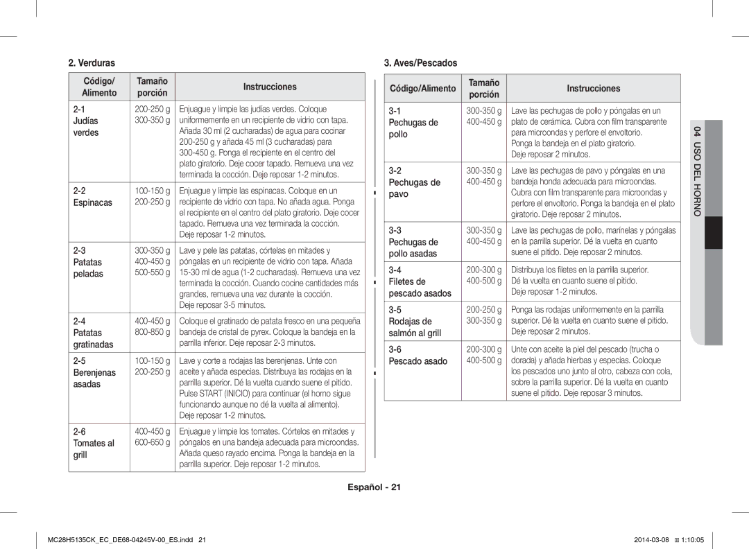 Samsung MC28H5135CW/EC manual Verduras, Aves/Pescados 