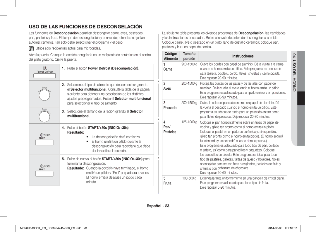 Samsung MC28H5135CW/EC manual USO DE LAS Funciones DE Descongelación, Pulse el botón Power Defrost Descongelación 