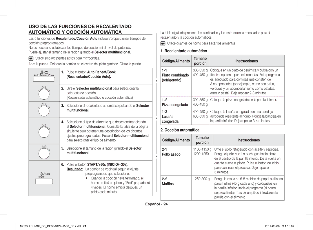 Samsung MC28H5135CW/EC manual Recalentado automático, Cocción automática 