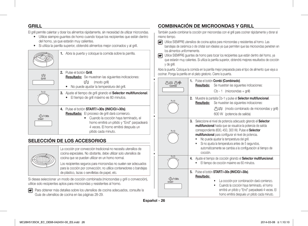 Samsung MC28H5135CW/EC manual Grill Combinación DE Microondas Y Grill, Selección DE LOS Accesorios 