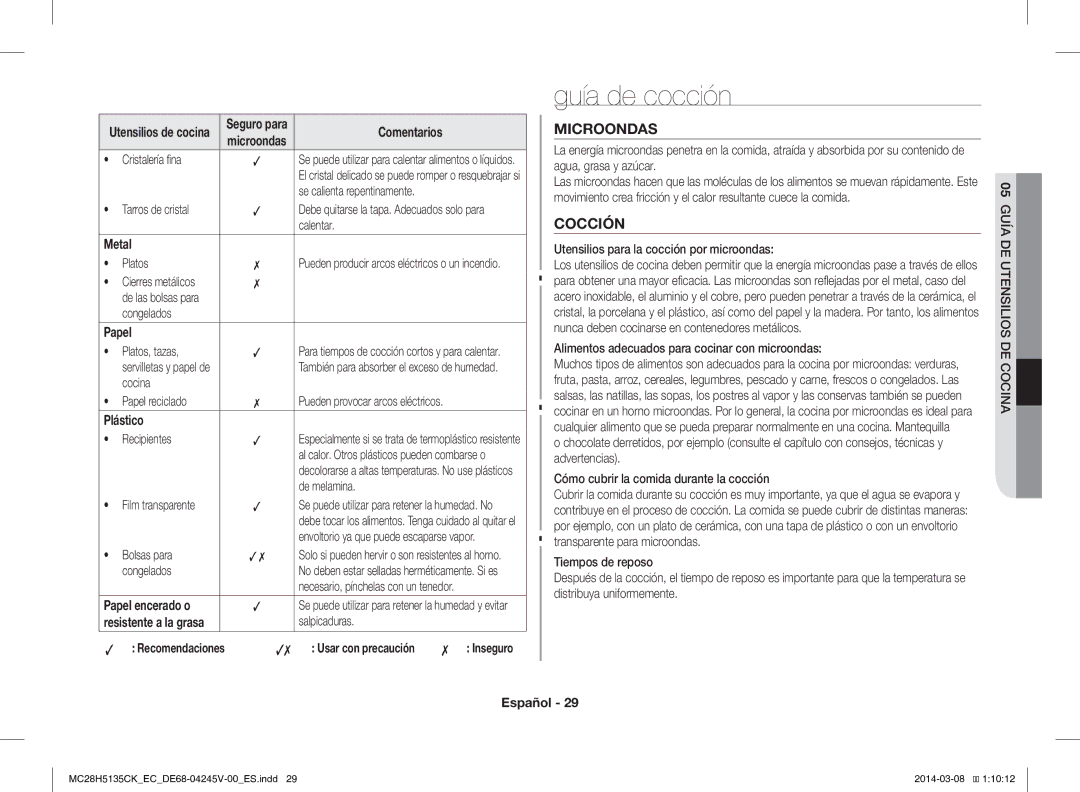 Samsung MC28H5135CW/EC manual Guía de cocción, Microondas, Cocción 