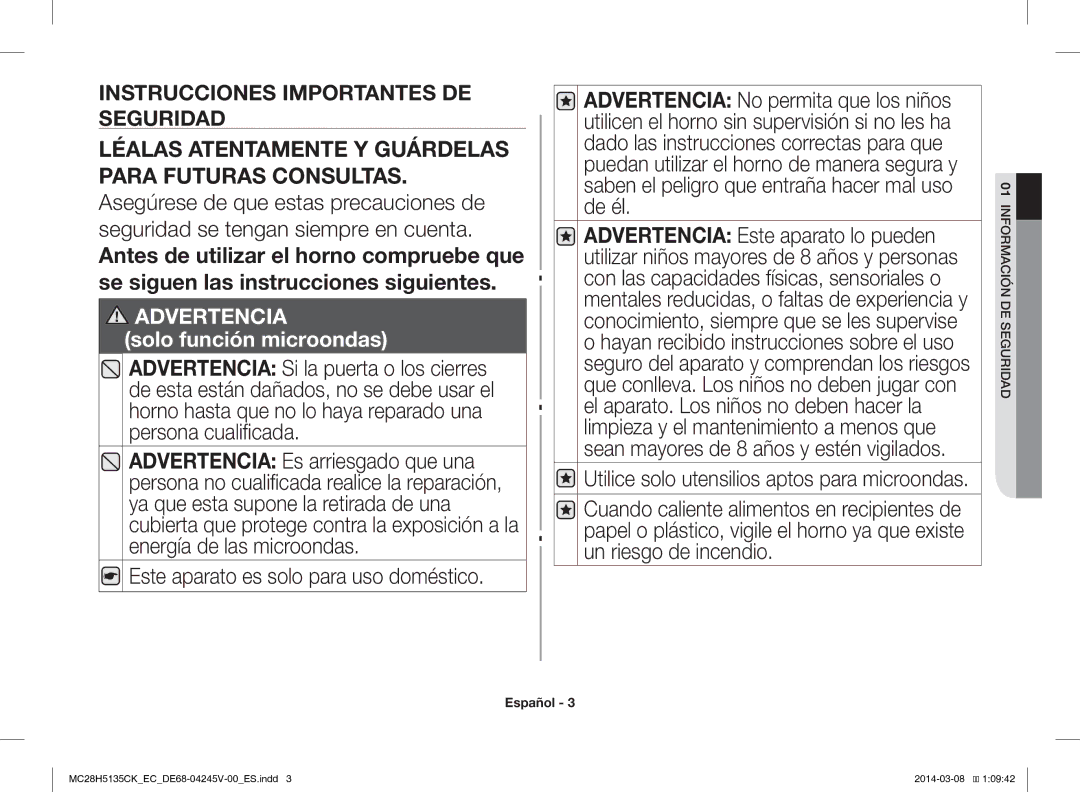 Samsung MC28H5135CW/EC manual Este aparato es solo para uso doméstico, Instrucciones Importantes DE Seguridad 