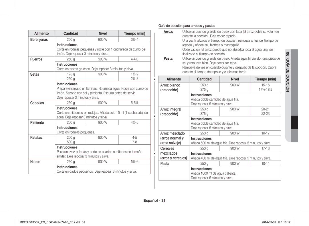 Samsung MC28H5135CW/EC manual Arroz, Pasta, 06 Guía DE Cocción 