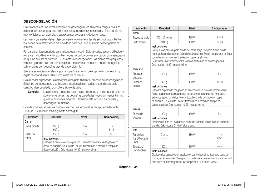 Samsung MC28H5135CW/EC manual Descongelación, Consejo 