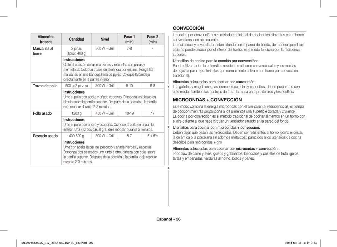 Samsung MC28H5135CW/EC manual Microondas + Convección, Manzanas al, Horno 