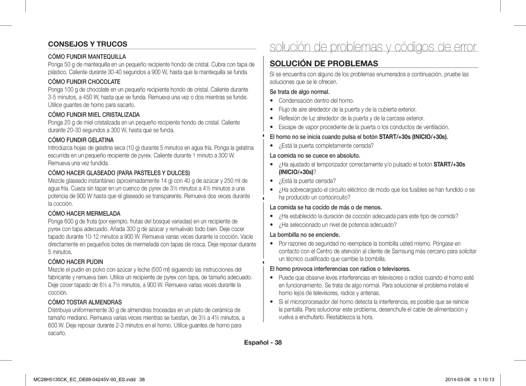 Samsung MC28H5135CW/EC manual Solución de problemas y códigos de error, Solución DE Problemas, Consejos Y Trucos 