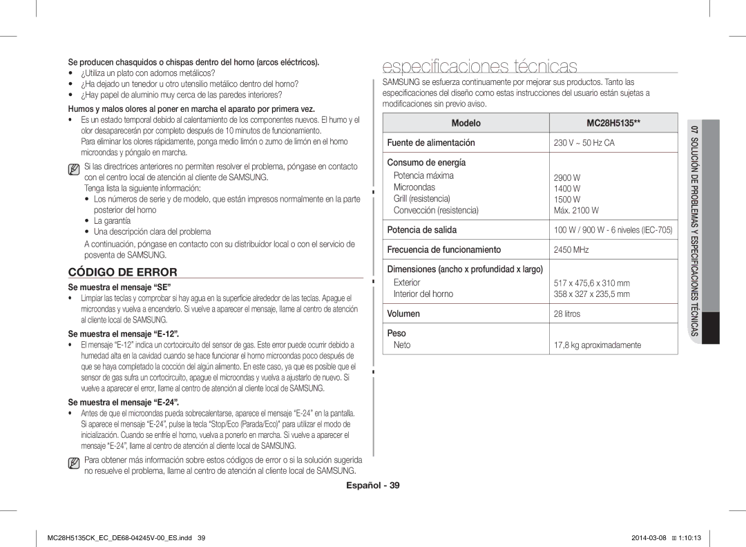 Samsung MC28H5135CW/EC manual Especificaciones técnicas, Código DE Error 