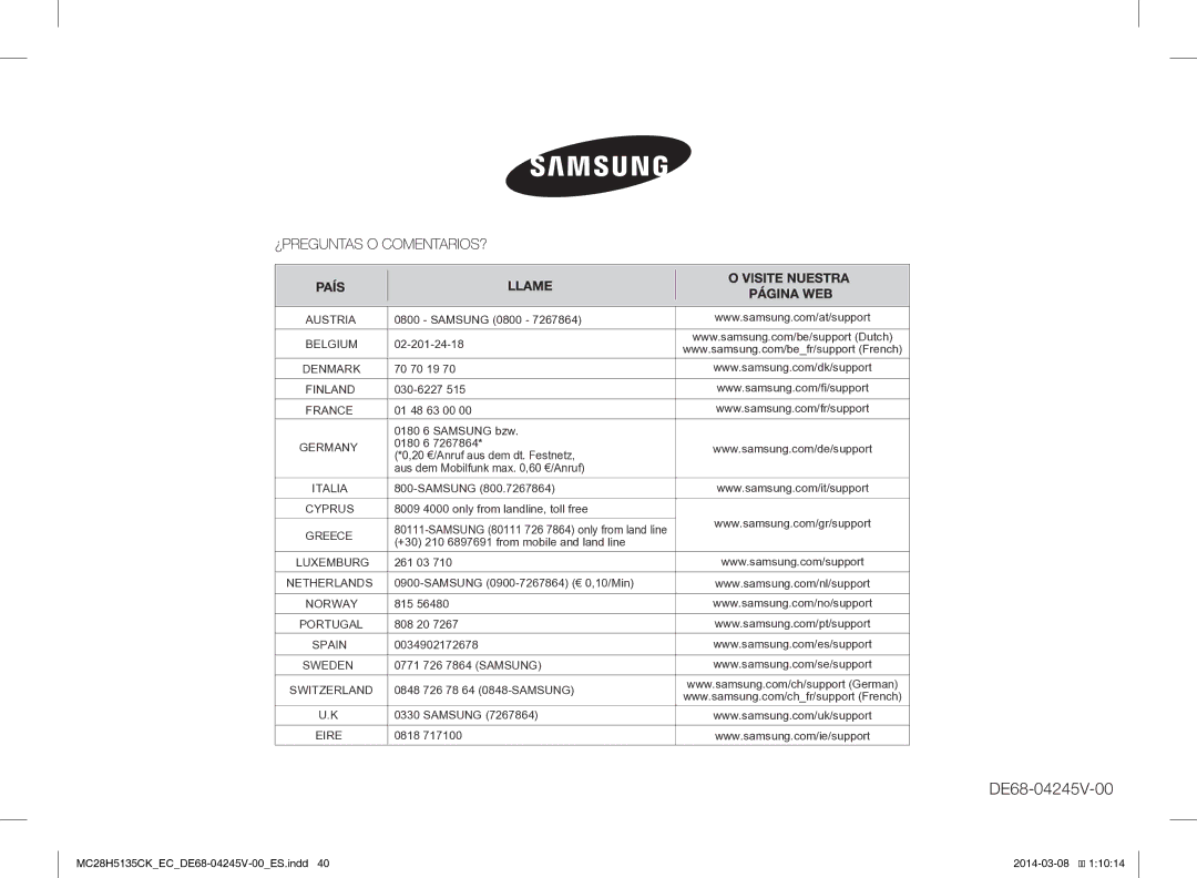 Samsung MC28H5135CW/EC Samsung 0800, 02-201-24-18, 70 70 19, 030-6227, 01 48 63 00 0180 6 Samsung bzw, 261 03, 815, 808 20 