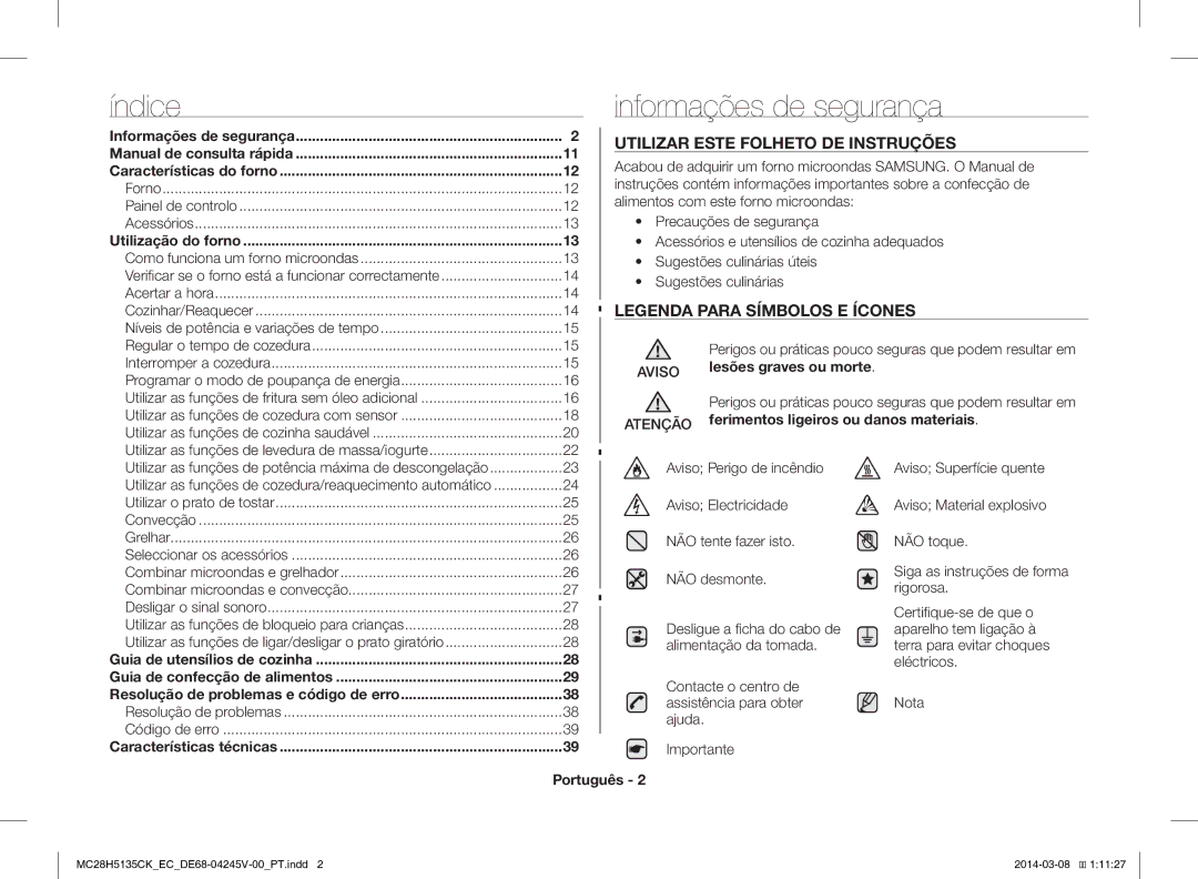 Samsung MC28H5135CW/EC manual Índice Informações de segurança, Utilizar Este Folheto DE Instruções 