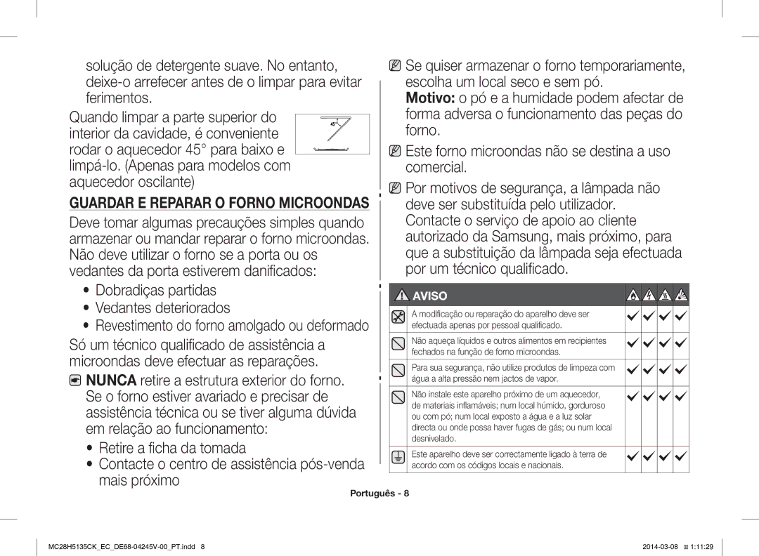 Samsung MC28H5135CW/EC manual Solução de detergente suave. No entanto, Escolha um local seco e sem pó, Ferimentos, Forno 