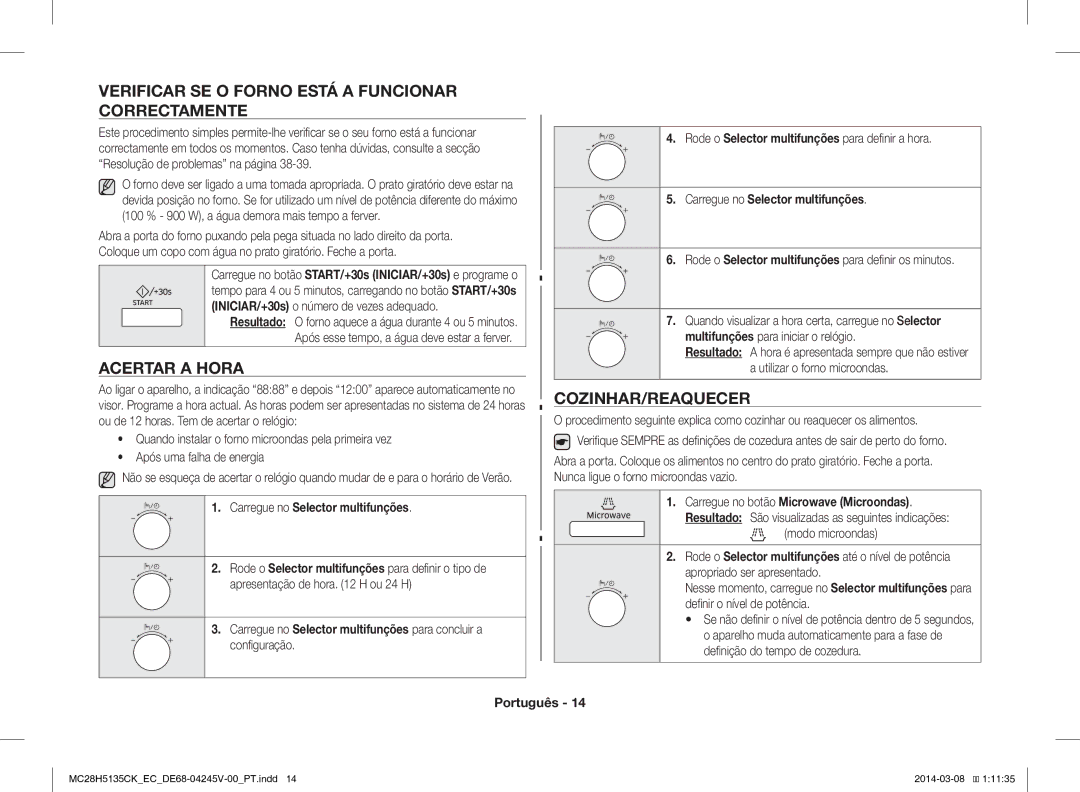 Samsung MC28H5135CW/EC manual Verificar SE O Forno Está a Funcionar Correctamente, Acertar a Hora, Cozinhar/Reaquecer 