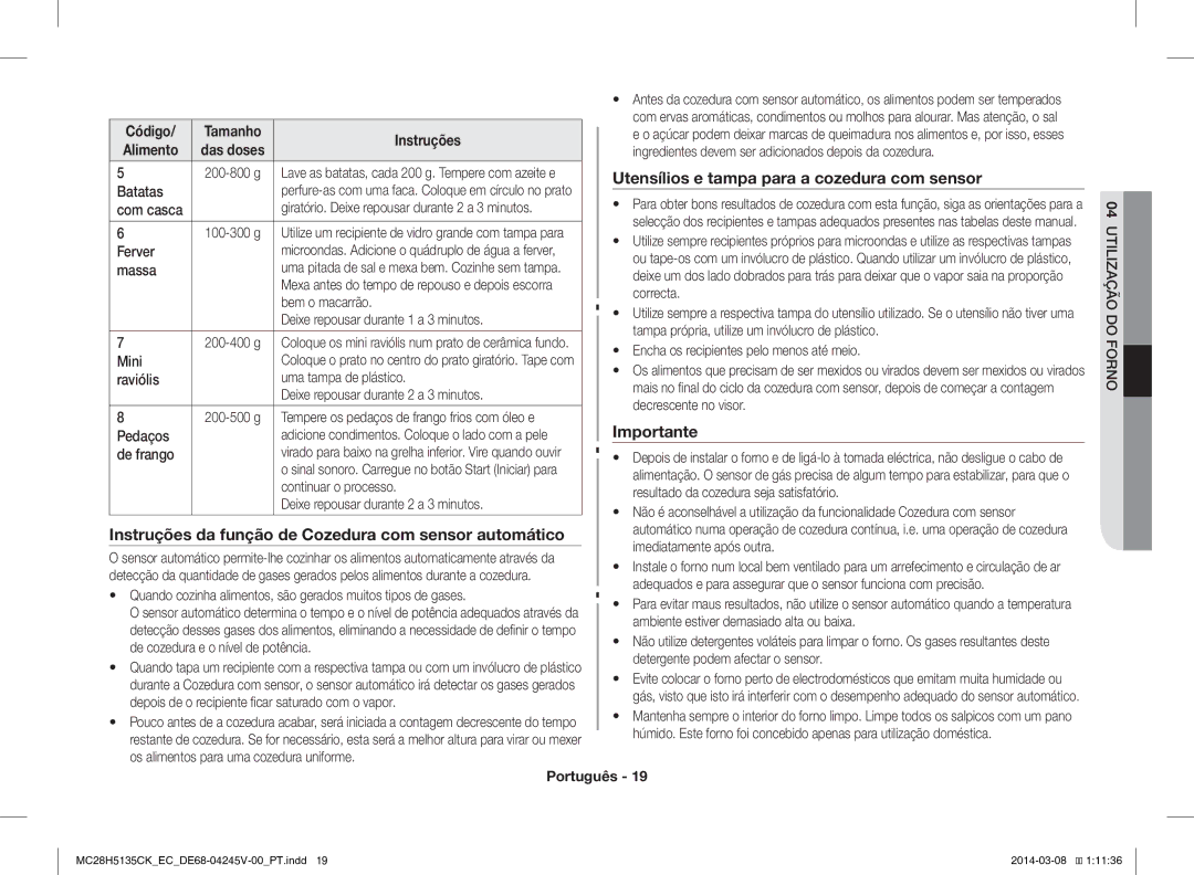 Samsung MC28H5135CW/EC manual Instruções da função de Cozedura com sensor automático 