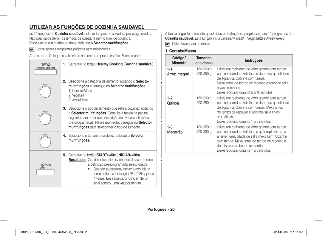 Samsung MC28H5135CW/EC manual Utilizar AS Funções DE Cozinha Saudável, Cereais/Massa 