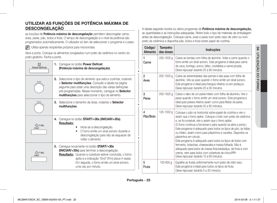 Samsung MC28H5135CW/EC manual Utilizar AS Funções DE Potência Máxima DE Descongelação 