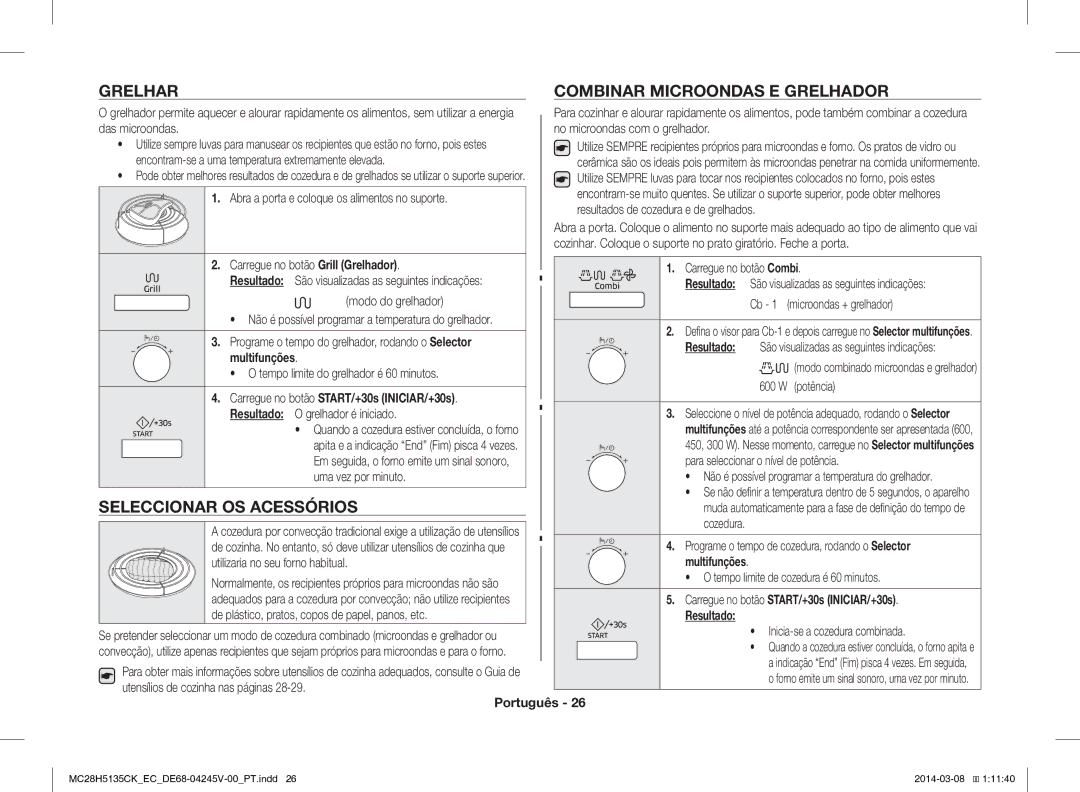 Samsung MC28H5135CW/EC manual Grelhar Combinar Microondas E Grelhador, Seleccionar OS Acessórios 