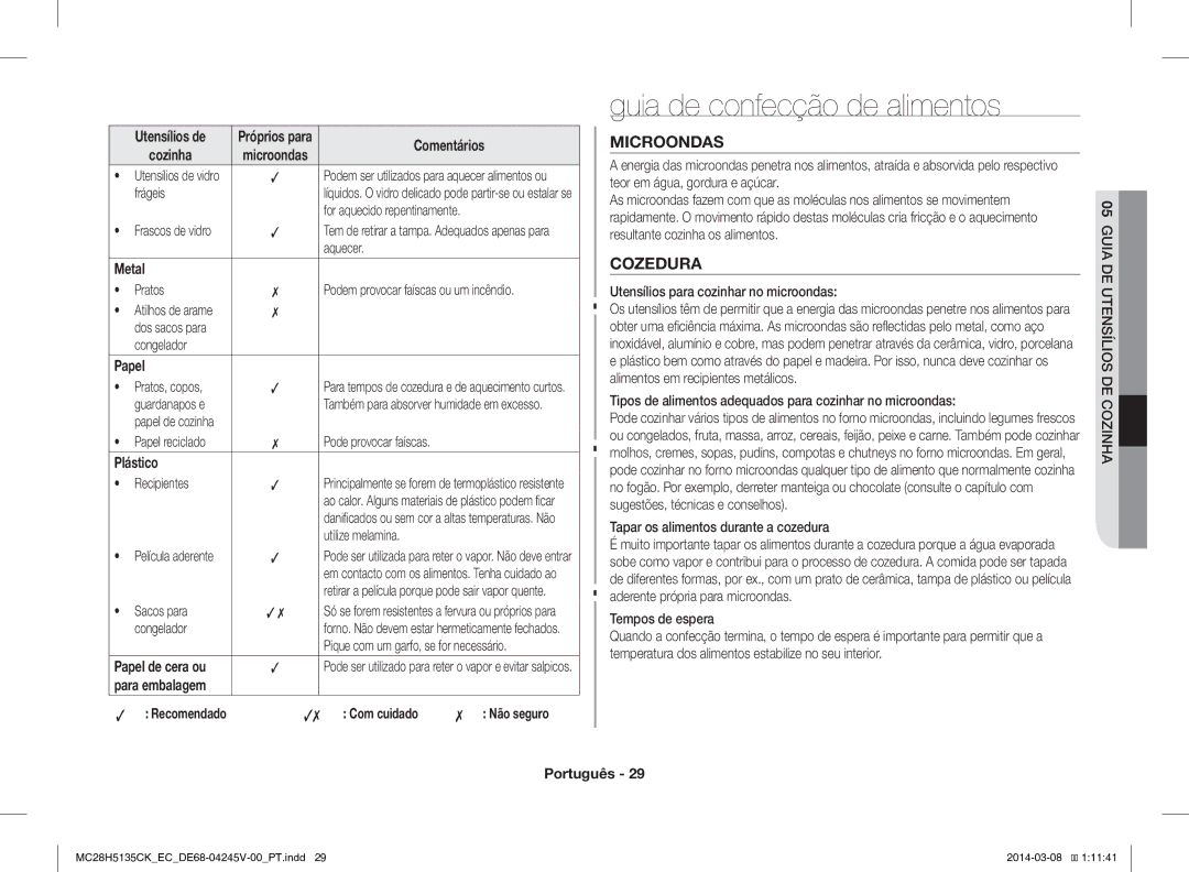 Samsung MC28H5135CW/EC manual Guia de confecção de alimentos, Cozedura, Não seguro 