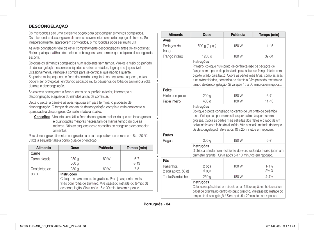 Samsung MC28H5135CW/EC manual Descongelação 