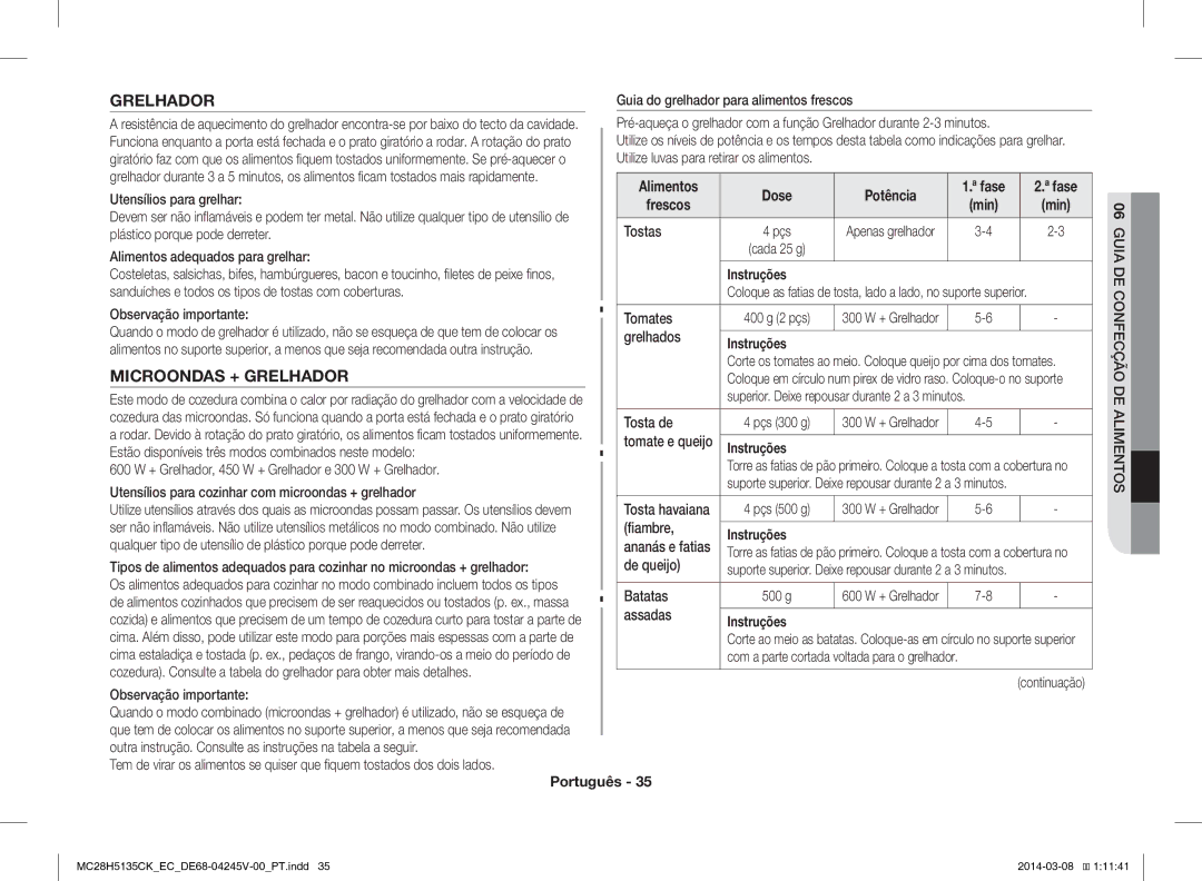 Samsung MC28H5135CW/EC manual Microondas + Grelhador, Guia DE Confecção DE Alimentos 