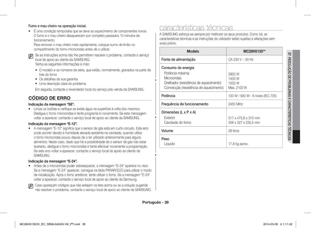 Samsung MC28H5135CW/EC Características técnicas, Código DE Erro, Indicação da mensagem SE, Indicação da mensagem E-12 