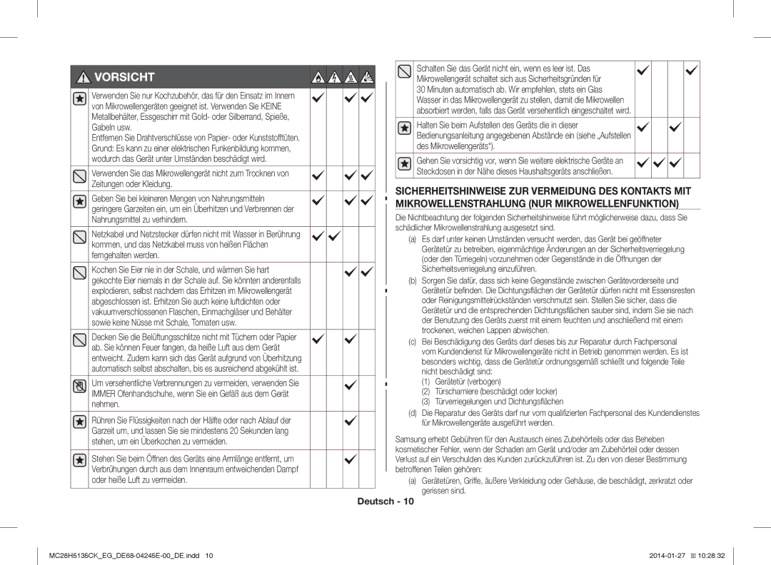 Samsung MC28H5135CW/EG, MC28H5135CK/EG manual Vorsicht 